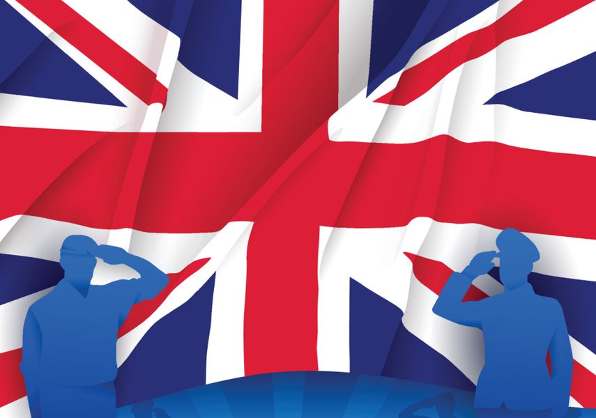 Stylised illustration of the Union Jack with blue silhouettes of two uniformed personnel saluting and the words “Armed Forces Day” below