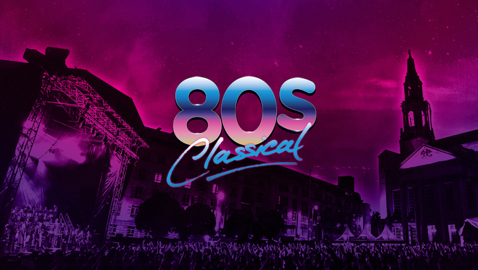 80s Classical logo on a crowd picture of the square during the summer series