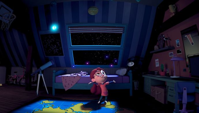 Animated child standing in a bedroom at night, with a telescope beside the bed.