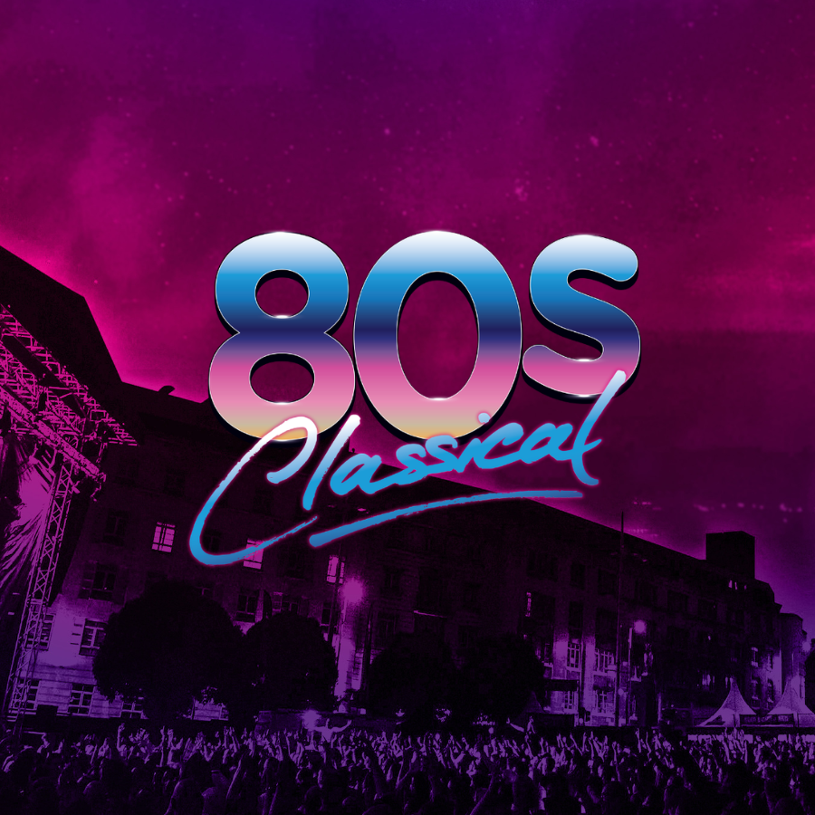 80s Classical logo on a crowd picture of the square during the summer series