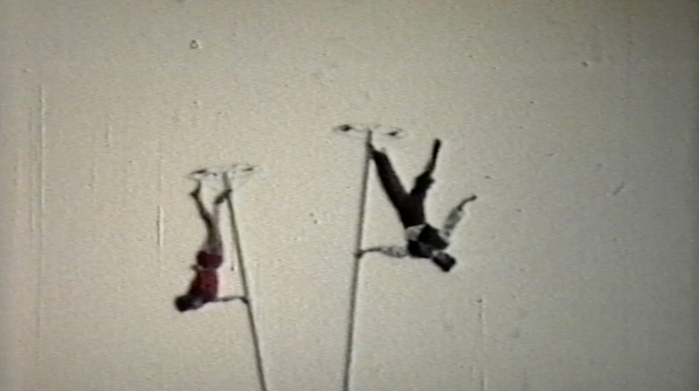 Projected silhouettes of aerial performers in motion