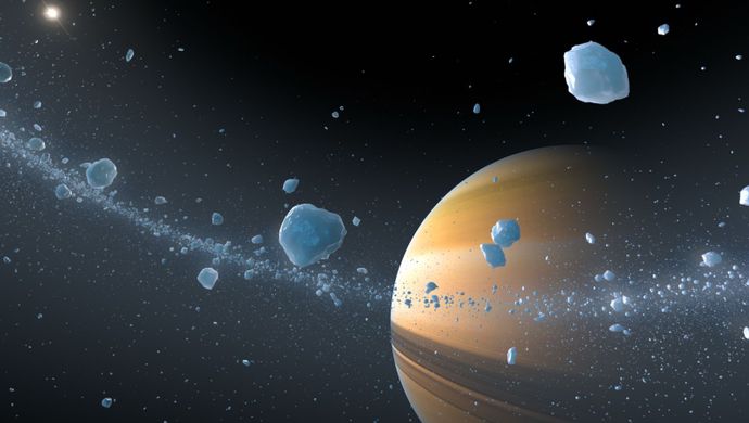 Ringed gas giant surrounded by an asteroid field, with chunks of ice and rock scattered across outer space.
