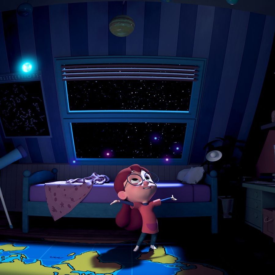 Animated child standing in a bedroom at night, with a telescope beside the bed.