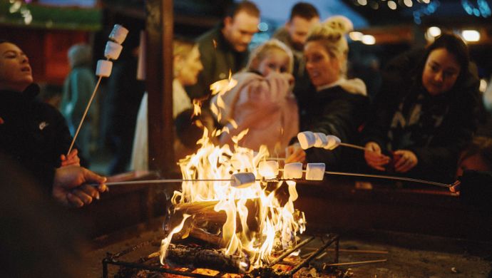 Visitors gathered around an outdoor fire pit roasting marshmallows